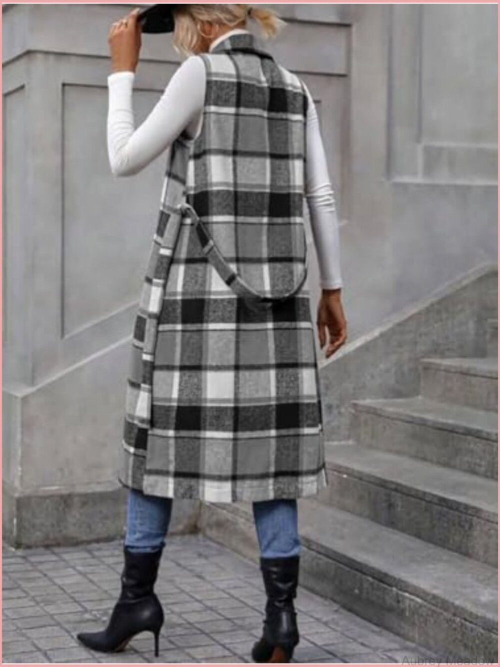 Long Plaid Vest Sleeveless Blazer Jacket Open Front Cardigan - Picture 3 of 3